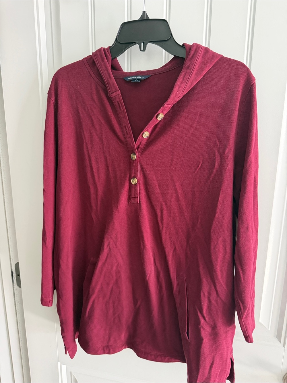 Lands' End Women's Hooded V-Neck Button Pullover - Burgundy